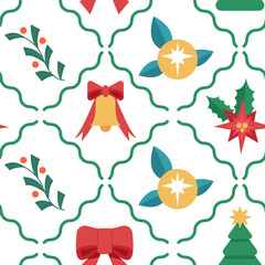 Christmas seamless pattern on white background. Festive design for textiles, wrapping paper. Flat vector illustration.