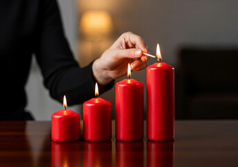 A Hand Lighting 4 Red Candles