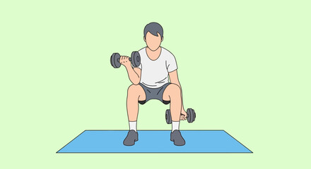 Man sitting on yoga mat, performing bicep curls with dumbbells, showcasing fitness and exercise routine for muscle building and strength training