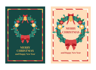Merry Christmas and Happy New Year Set of Greeting Card with Wreath. Trendy Holiday Backgrounds. Vector Christmas Decorations in Flat design. 