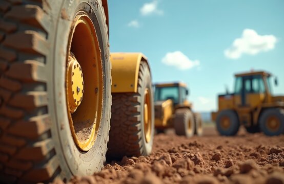 Closeup of big yellow construction vehicle tire on dirty ground. Heavy machinery like tractors, earthmovers parked at building site. Industrial equipment ready for excavation, earthmoving, road works