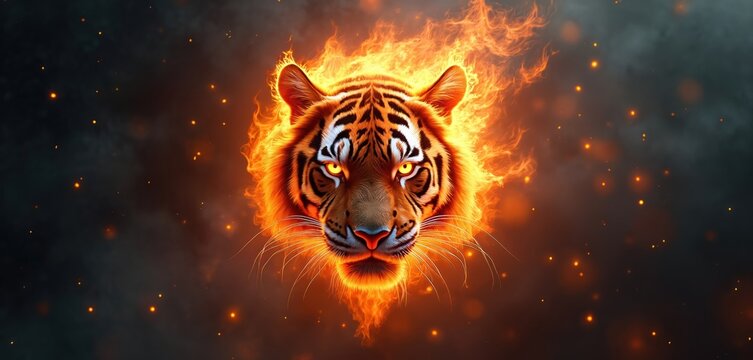 Dramatic photo of tiger head engulfed in fire. Fiery flames surround the animal creating burning effect. Intense eyes with bright light on a dark background.