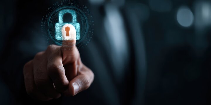 Digital security is activated by a finger on a luminous lock for data protection in cyberspace showing binary code for a secure connection - Powered by Adobe