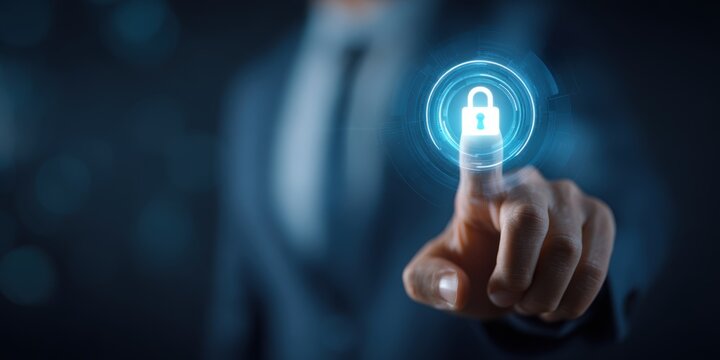 Businessman pressing a digital padlock symbolizing data protection cybersecurity and network security with advanced technology concept