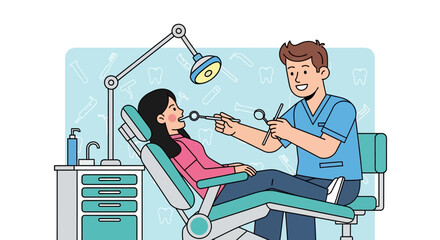 Dentist examining patients teeth in dental chair with lamp and medical equipment, illustrating dental care and oral hygiene