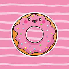 A funny pink-frosted donut on a pink background with lines. A cute character, cute food, and sweets. A children's illustration