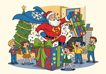 Superhero Santa Crossover: Playful Heritage Santa Popping Out of a Gift Box with Surprised Kids