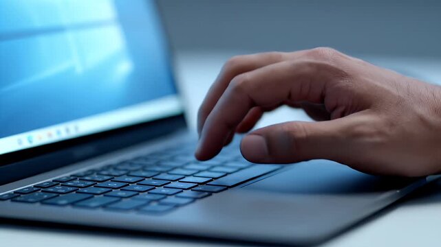 Hands Typing On Gray Laptop Keyboard In Bright Lighting With Blurred Screen Showing Blue Windows Interface And Minimalist White Table Background