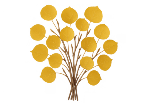 Golden yellow autumn leaves arranged with dry branches, forming a decorative bouquet for fall season themes; transparent background - Powered by Adobe