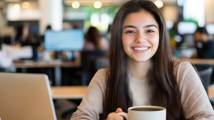Young woman holding steaming coffee mug in modern office environment while smiling