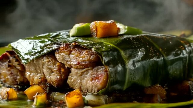 Steaming hot meat dish wrapped in banana leaves, served with diced fruit and a savory sauce