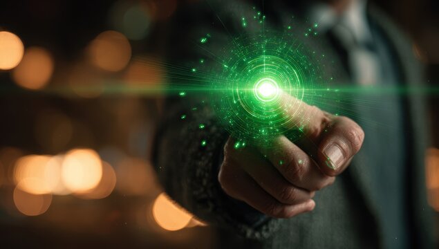 Man holding green digital sphere displaying modern technology and futuristic innovation for connection and advanced systems - Powered by Adobe