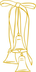 Minimalist hanging Christmas bells line art illustration &mdash; elegant holiday decoration with long ribbon, simple Scandinavian winter graphic, modern outline vector for seasonal design projects.