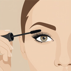 Minimalist close-up of a woman applying mascara, showing detailed lashes and makeup routine. Clean beauty concept for cosmetics and tutorials. Vector illustration