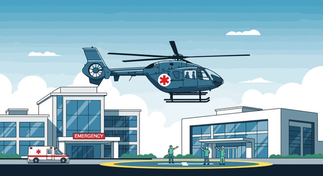 Medical helicopter landing at hospital helipad with ambulance and medical staff