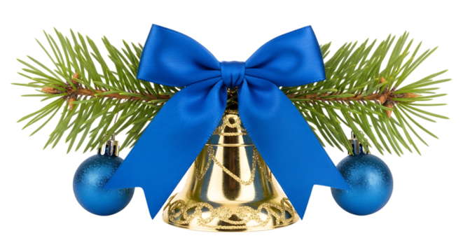 Transparent background christmas bell with pine branch and blue ornament isolated on transparent background