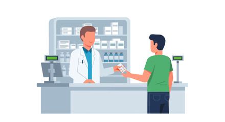 Pharmacist behind counter in pharmacy, giving prescription to male customer in green tshirt
