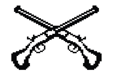 Two crossed pixelated muskets present a retro, stylized, and military themed emblem here