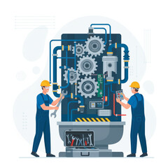 Vector illustration of two mechanics servicing a complex industrial machine with gears, pipes, and control panels. Ideal for engineering, maintenance, and industry themes. Vector illustration