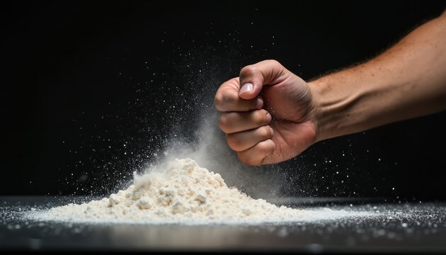 Fist strikes white powder creating dust cloud. Motion impact action scatters particles in dark studio background. Force energy explosion. Aggression rage struggle.