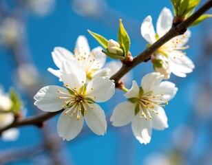 White flowers bloom on tree branch. Beautiful blossoms with yellow stamens in spring. Tree branch with white flowers against clear blue sky. Close-up of blooming flowers. Flowering tree in spring