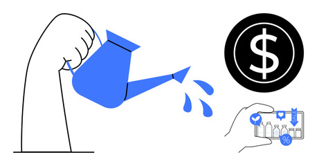 Hand pours water from a watering can, dollar coin represents financial growth, hand holds smartphone showcasing discounts and products. Ideal for investment, growth, finance, e-commerce, saving