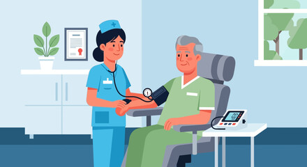Nurse taking blood pressure an elderly patient in clinic room, healthcare concept