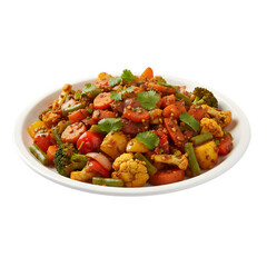 Spiced Indian Tawa Vegetable Fry (Bhaji/Sabji) with Cauliflower, Carrots, Beans, and Bell Peppers Garnished with Cilantro isolated on a transparent background 