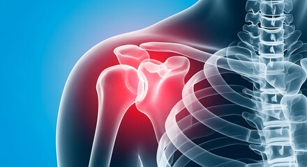 Anatomical illustration of a painful shoulder joint with inflammation and bone structure