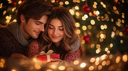 A young man and woman are exchanging a gift near a Christmas tree
