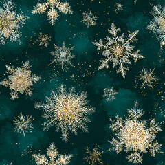 Seamless pattern of delicate ice crystals and gold glitter flakes, deep rich emerald green background, intricate details, vector graphic style, high contrast 
