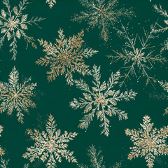 Seamless pattern of delicate ice crystals and gold glitter flakes, deep rich emerald green background, intricate details, vector graphic style, high contrast 