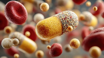 Close-up shows medicine capsule, red blood cells, and white blood cells floating within a microscopic environment, illustrating medical science and healthcare concepts
