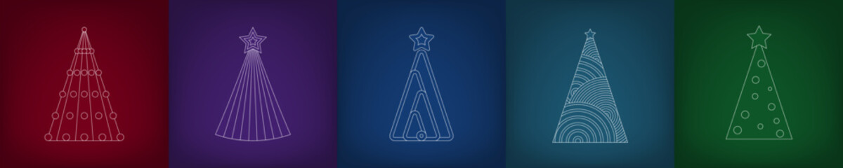 Set of outline Christmas tree icons. Abstract design. Gradient backgrounds in blue, green, and red colors. Festive decorative holiday greetings. Shining text, sparkling highlights