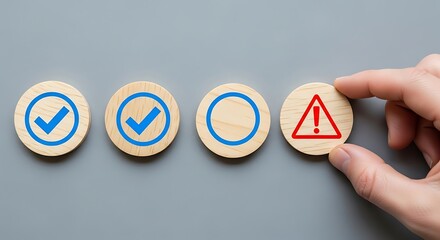 Hand choosing a wooden circle with an exclamation mark, error concept