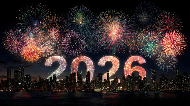 Photorealistic wide shot of spectacular fireworks exploding over a city skyline at midnight, with the glowing numbers "2026" prominently displayed in the foreground