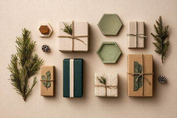Modern flat lay of wrapped gift boxes with simple ribbons, surrounded by pine branches and small geometric ornaments, clean studio lighting, warm beige and forest green colors