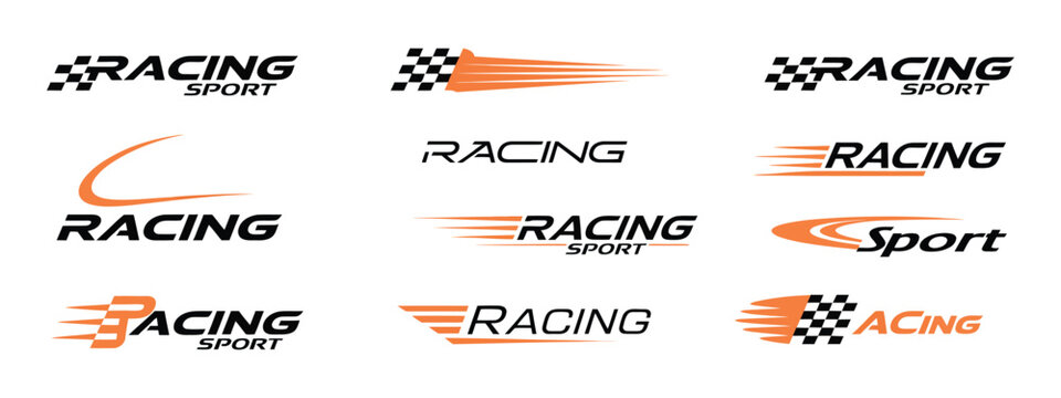set of 12 racing sport logos with speed lines and checkered flags, showcasing high-speed visual accents, modern emblem silhouettes, and vibrant racing motifs ideal for automotive graphics and 