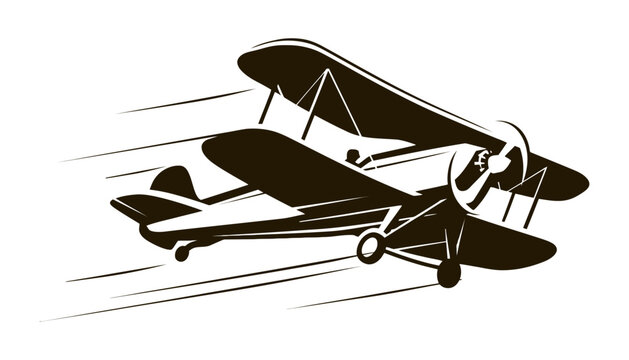 Illustration of a vintage biplane flying with motion lines on white
