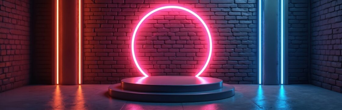 Futuristic podium glows with vibrant neon lights against textured brick wall. Digital backdrop innovation, technology. Perfect for marketing campaigns related to e-commerce tech startups.