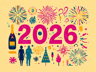 Flat design illustration of various New Year's Eve elements: stylized fireworks bursting, a bottle of champagne popping, elegant "2026" typography, and minimal party silhouettes