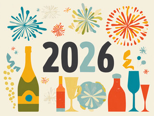 Flat design illustration of various New Year's Eve elements: stylized fireworks bursting, a bottle of champagne popping, elegant "2026" typography, and minimal party silhouettes