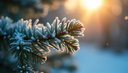 Frosted pine branch in winter sunlight a close-up view of ice crystals on needles capturing the serene beauty of the season