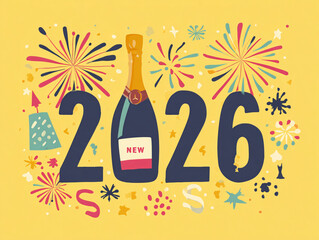 Flat design illustration of various New Year's Eve elements: stylized fireworks bursting, a bottle of champagne popping, elegant "2026" typography, and minimal party silhouettes