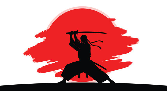 Silhouette of a samurai warrior raising a katana against a vibrant red sun, evoking themes of honor, strength, and traditional Japanese culture.