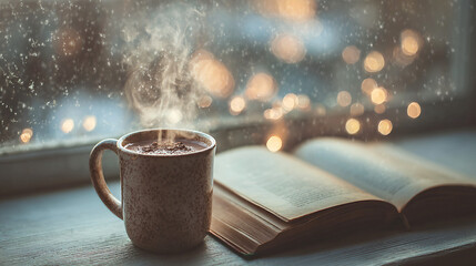 Cozy aesthetic photo of a steaming mug of cocoa next to an open book, soft focus background of a snowy window, bokeh lights, warm and inviting atmosphere