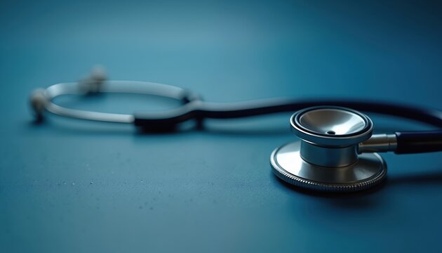 Stethoscope lies on blue background. Medical instrument for doctor health checkup. Healthcare concept. Equipment for auscultation in cardiology. Close up of medical tool at clinic for patient - Powered by Adobe