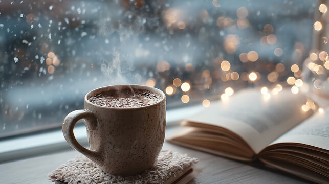 Cozy aesthetic photo of a steaming mug of cocoa next to an open book, soft focus background of a snowy window, bokeh lights, warm and inviting atmosphere - Powered by Adobe