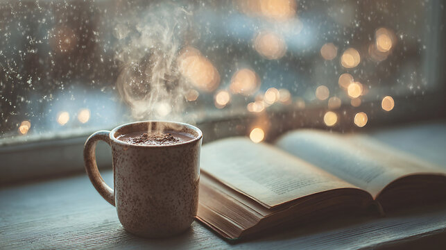 Cozy aesthetic photo of a steaming mug of cocoa next to an open book, soft focus background of a snowy window, bokeh lights, warm and inviting atmosphere