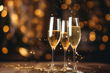 Close-up photo of champagne flutes toasting with effervescent bubbles, blurred background of festive partygoers in elegant attire, golden confetti falling